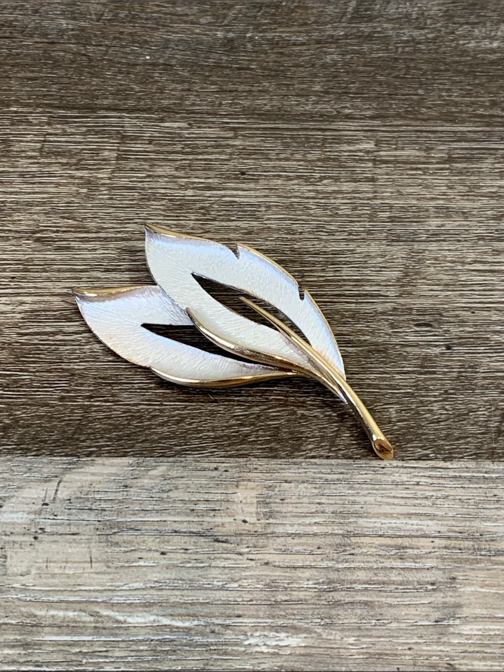 Gold-Tone Brooch with White Enamel Leaf Design